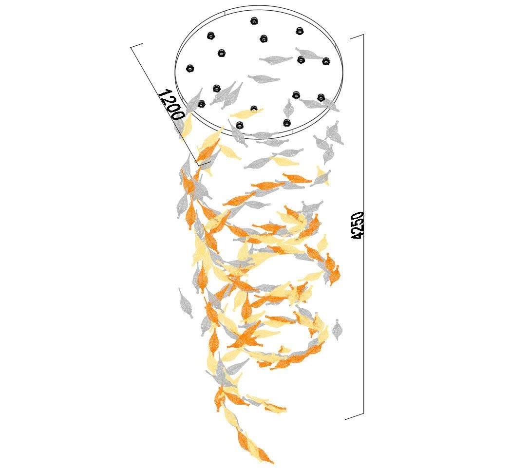 Đèn thông tầng dimmer lá lông vũ cao cấp PL045 gồm 175 lá lông vũ chia 3 màu, 15 đèn COB dimmer 3 màu có điều khiển xa, KT(mm): D1200xH4250